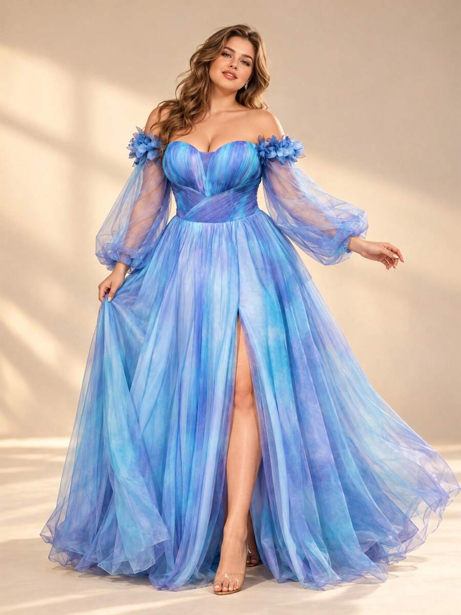 VIPGIRL Elegant Plus Size Off-Shoulder Long Sleeve Bishop Sleeve Evening Dress, Mesh Fabric With Slit Design, Suitable For Formal Banquets - Blue - View 1