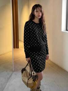 Polka Dot Button Front Women's Sweater Set, Round Neck Long Sleeve Black Knit, Elegant Autumn/Winter Casual, Office And Party Wear - Black - View 5