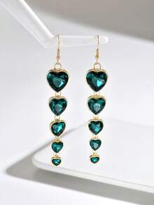 1pair Stylish Sweet Luxury Heart-Shaped Fringe Pendant Earrings With Colorful Rhinestone, Perfect For Women's Birthday Party Festival Wear - Heart Earrings - View 6