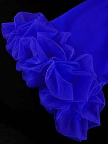 Plus Size Navy Blue Cold Shoulder Ruffle Mermaid Dress, Women's Mesh Patchwork 3D Floral Fashion Slim Fit Evening Gown, Elegant Wedding Party Nightclub Dress - Blue - View 6