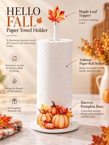 حامل مناديل ورقية ديكوري مسطح ثنائي الأبعاد Hello Autumn للمطبخ (بدون إضاءة) - رف لفة ورق للمكتب والطاولة (يجمع بين وظائف العرض والتخزين)، بتصميم خريف وحصاد اليقطين، مناسب للمطبخ والحمام وغرفة المعيشة وغرفة الطعام، زينة ديكورية لخلق أجواء خريفية دافئة - D - مشاهدة 5