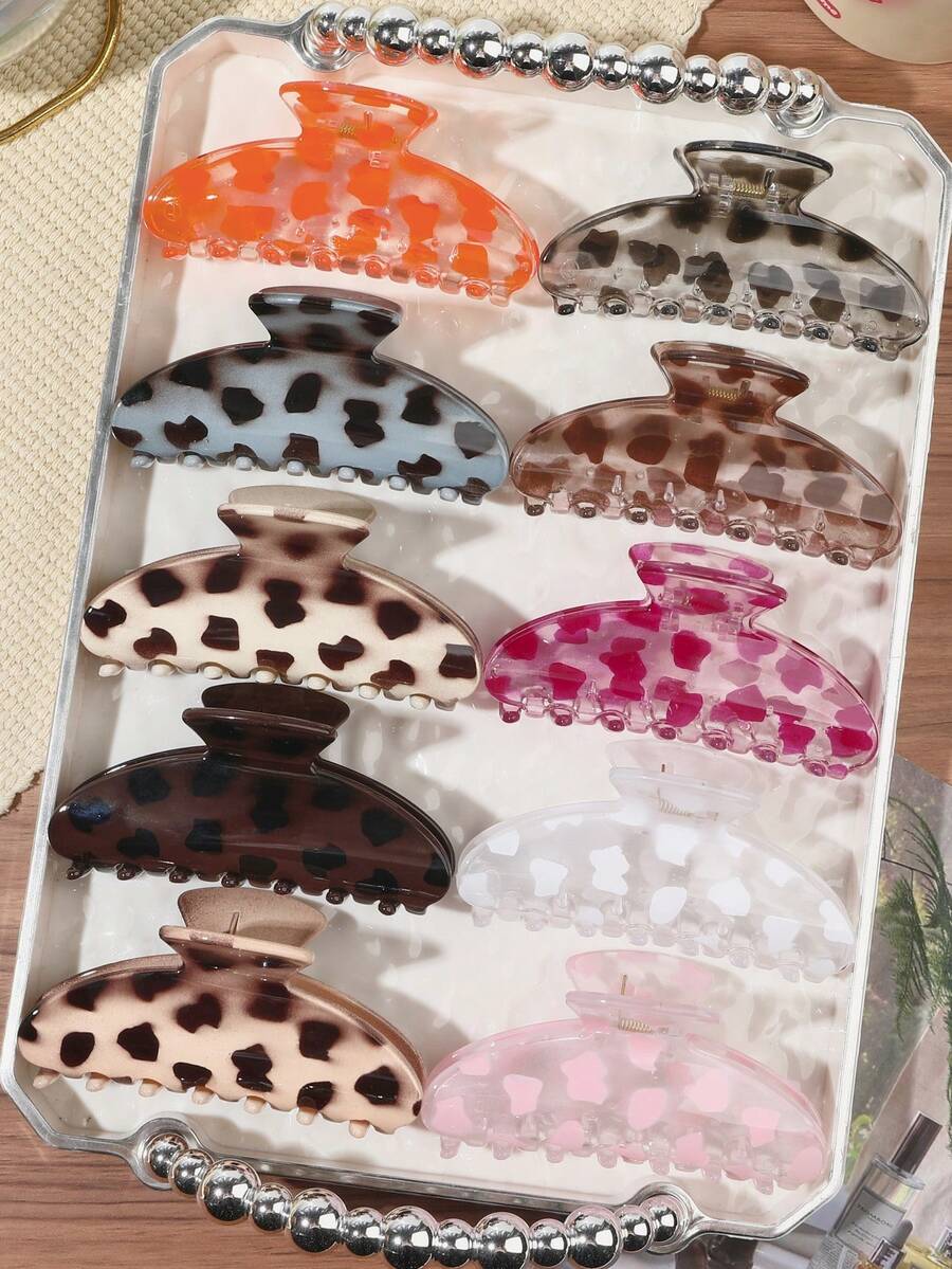 10件組牛奶咖啡色豹紋與粉色透明豹紋髮夾,半紮髮髻髮夾,隨性日常百搭髮飾 - 10件套-彩色豹紋 - 查看 1