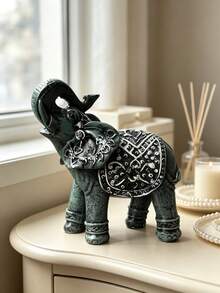 1pc Vintage Distressed Blue Elephant Statue, Upward Trunk Lucky Resin Figurine, Exquisite Mandala Pattern, Feng Shui Wealth Decor, Suitable For Entryway Console And Living Room - Multicolor 1 - View 8