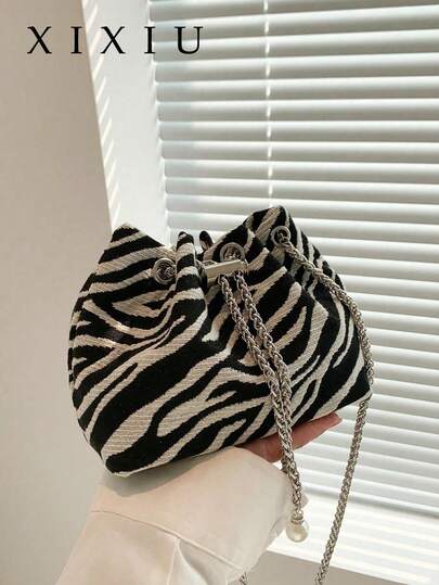 Dedoo 2026 New Zebra Print Drawstring Bucket Bag, Women's Fashion Chain Crossbody Bag With Pearl Decoration, Casual Mini Shoulder Handbag