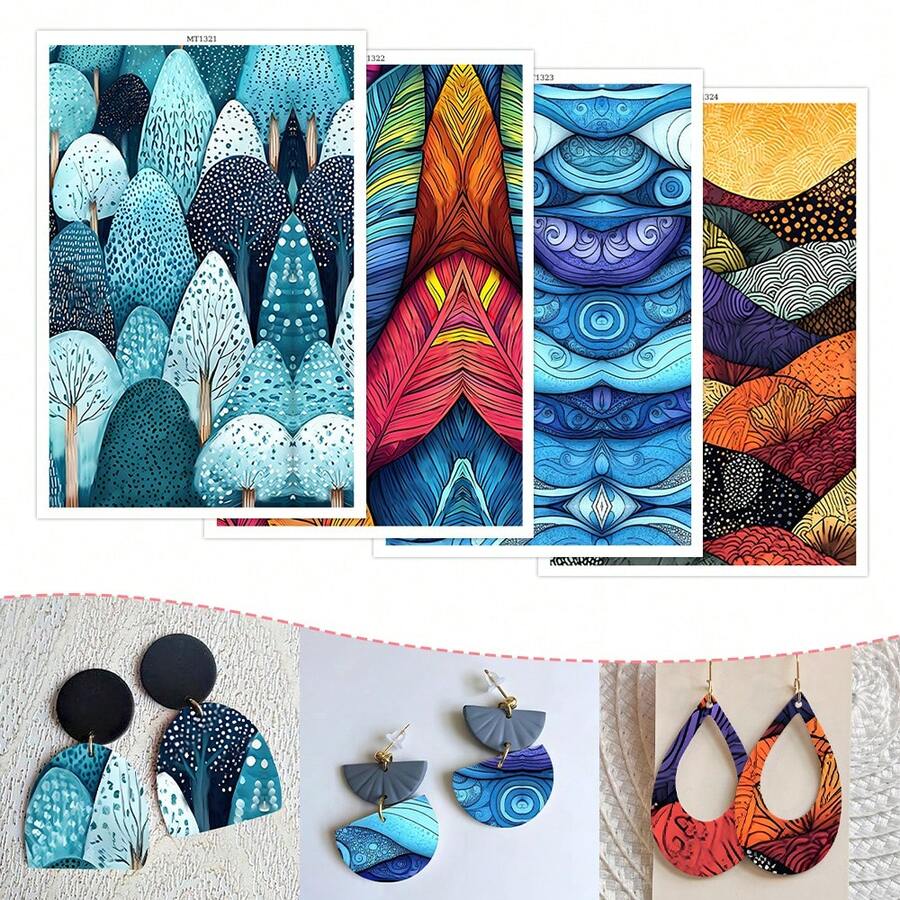 Blue Blue Forest/Red Blue Geometric Pattern/Blue Purple Curly Grass Spiral/Autumn Layered Mountain Pattern Transfer Paper, Dot Art Series Polymer Clay Printing Paper, Suitable For DIY Art Jewelry Earring Making Special Polymer Clay Transfer Printing - A - View 1
