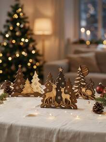 3pcs Christmas Wooden Forest Reindeer Tabletop Centerpiece, Layered Wooden Christmas Tree Hanging Decor, Holiday Party Home Desktop Bookshelf Winter Decoration - Multicolor - View 2