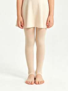1pc Girls Solid Color Flat Knit Stirrup Tights, All Season Base Layer Leggings For Home, Sports And Casual Wear - Khaki - View 4