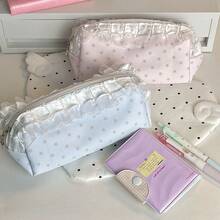 1pc Light Blue & Light Pink Star Print Fabric Pencil Case, Dreamy Lace Ruffle Zipper Design, Elegant Ballet Theme Pencil Pouch, Exquisite Design, Girly Pencil Bag, Suitable For Students, Classroom, Study Desk Storage, Can Store Neutral Pens, Rulers, Erasers, Miscellaneous Items, Portable Storage Bag, Also Suitable As A Practical Makeup Bag, Meets Both Student Daily Use And Everyday Life Needs - Multicolor - View 3