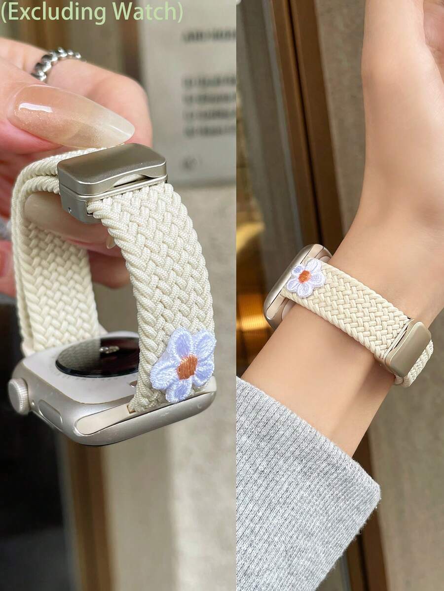 刺繡花卉編織錶帶，奶油白彈性尼龍編織磁吸扣腕帶，相容 38/40/41/42/44/45/46/49mm 系列 S1-S12/SE/Ultra，溫柔韓系甜美 Ins 風格，女款日常通勤休閒裝飾替換錶帶，智慧手錶配件，易佩戴，可調節貼合，纖細版