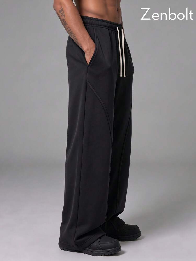 ZenBolt Winter Men's American Vintage Fleece-Lined Wide-Leg Sweatpants Featuring A Drawstring Elastic Waist And Distinctive Curved Seam Detailing. - Black - View 4