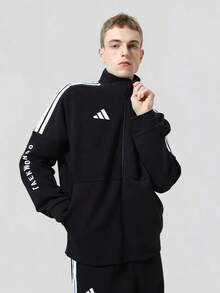 Adidas Jaket rajut kasual sporty tiga garis unisex dengan kerah tegak dan bahan yang bernapas. - Hitam dan Putih - View 3