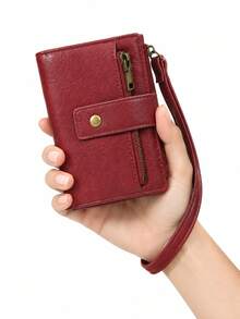 Women's RFID Blocking Small Wallet, Wine Red PU Leather Card Holder Purse With Snap Button, Zipper Coin Pocket & Wristlet - Red - View 7