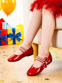Elegant Pearl Decor Bow Mary Jane Flats For Girls, Suitable For Middle And Older Children To Pair With Dresses For Indoor Parties And Events In Autumn/Winter - Red - View 3