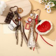 Creative Plaid Lace Tassel Fabric Strawberry Coffee Keychain Decoration Chocolate Pendant Fashion Bag Accessories - Multicolor - View 1