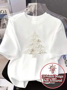 Plus Size Women's Casual Short Sleeve T-Shirt, Decorated With Pearl Christmas Tree Pattern, Holiday Decorative Print, Loose Round Neck, White, Machine Washable, Suitable For Spring And Summer Wear - White - View 1