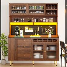 Flieks Highboard With Adjustable Shelves & LED Lights, Freestanding Storage Unit For Living Room Kitchen Dining, Tall Cabinet With Wine Rack, Dimensions 145x39x171cm - Natural - View 3