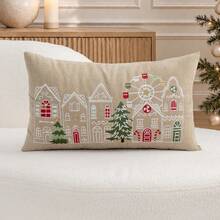 1pc Christmas Khaki Ferris Wheel House Embroidered Pillow Case, Suitable For Indoor Decoration, Christmas Decoration, All-Season Pillow Case, Without Insert - Khaki - View 10