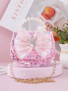 1pc Mini Kids Shiny Sequin Crown Mesh Bow Decor Flap Casual Handbag Chain Crossbody Bag Coin Purse For Girls, Suitable For Daily Outings And Holiday Use - Pink - View 1