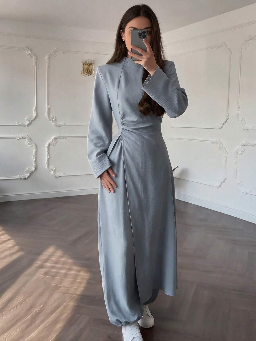 Women's Stand Collar Long Robe With Side Slit, Long Sleeve Blouse And Lantern Pants 2 Pieces Set, Vintage Fall Fashion - Grey - View 1