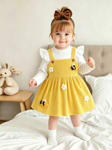 Girls' Ribbed Flutter Sleeve Long Sleeve Base Layer Top Paired With Corduroy Overall Dress, Decorated With 3D Little Yellow Flowers And Little Bees, Playful And Cute - Yellow - View 1