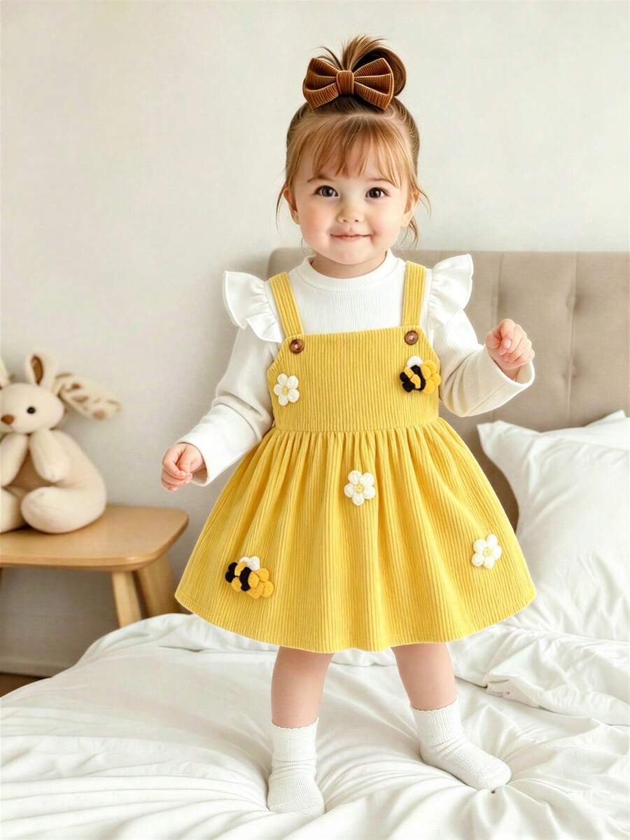 Girls' Ribbed Flutter Sleeve Long Sleeve Base Layer Top Paired With Corduroy Overall Dress, Decorated With 3D Little Yellow Flowers And Little Bees, Playful And Cute - Yellow - View 1