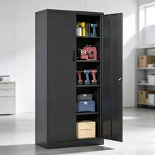 1 Clóset de Almacenamiento de Metal con 2 Puertas con Cerradura, Gabinete de Herramientas para Cochera con 4 Estantes Ajustables, Estructura Resistente de Acero, Pintura Electrostática, Capacidad de 600 Libras, para Oficina, Hogar y Garaje - Negro - - Ver 1