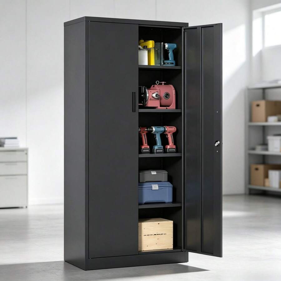 1 Clóset de Almacenamiento de Metal con 2 Puertas con Cerradura, Gabinete de Herramientas para Cochera con 4 Estantes Ajustables, Estructura Resistente de Acero, Pintura Electrostática, Capacidad de 600 Libras, para Oficina, Hogar y Garaje - Negro - - Ver 1