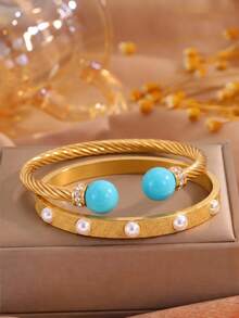 2pcsGolden Tone Stainless Steel 2Pcs Bangle Set, Twisted Cable & Textured Faux Pearl Bangle, Stackable Elegant Wrist Jewelry - Gold - View 4