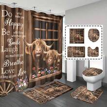 [Popular Choice]1pc/4pcs, Bathroom Curtains Shower, Bathroom Set, Shower Curtain Set, Shower Curtains, Bathroom Decor, Bathroom Rug, Home Decor, Bath Mat, Bathroom Mat, Highland Cow And Farmhouse Pattern, Country Pastoral Theme Decor, Bathroom Set, 12 Hooks Included - Highland Cattle - View 1