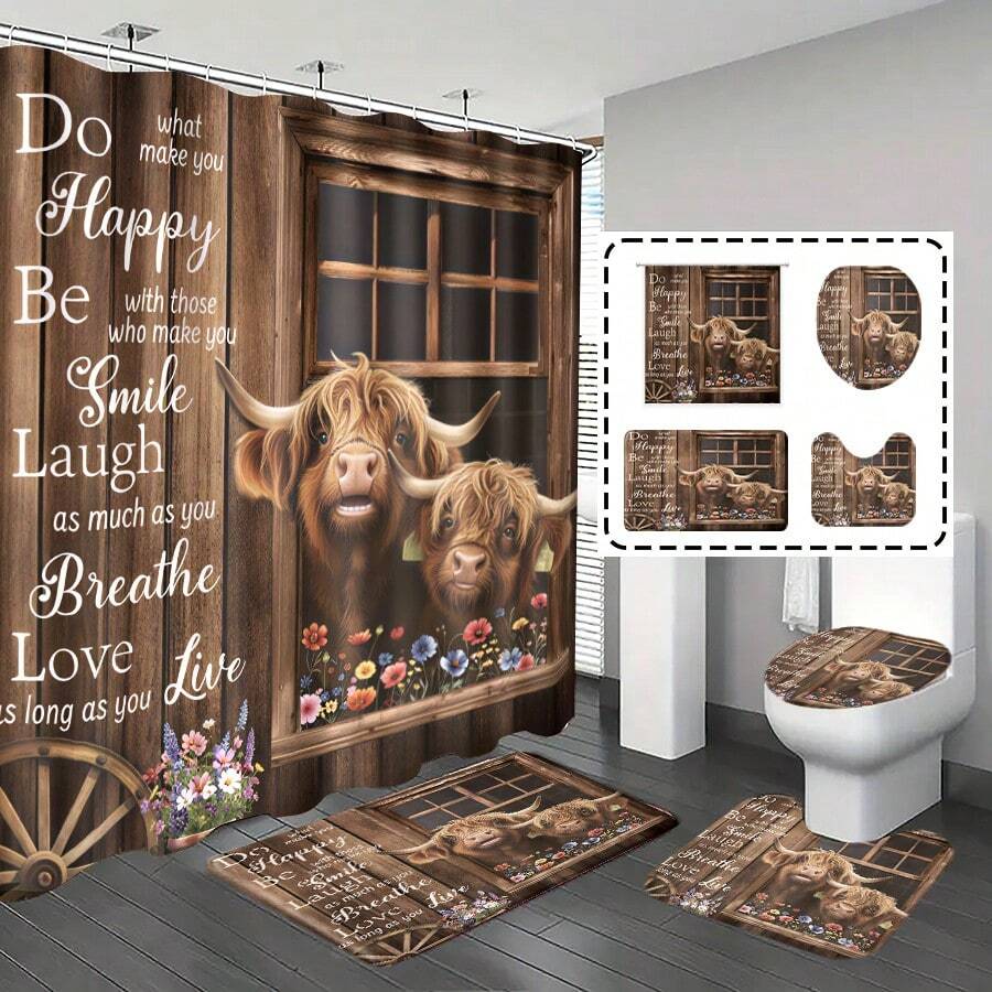 [Popular Choice]1pc/4pcs, Bathroom Curtains Shower, Bathroom Set, Shower Curtain Set, Shower Curtains, Bathroom Decor, Bathroom Rug, Home Decor, Bath Mat, Bathroom Mat, Highland Cow And Farmhouse Pattern, Country Pastoral Theme Decor, Bathroom Set, 12 Hooks Included - Highland Cattle - View 1