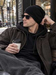 1pc Solid Color Men's Outdoor Fabric Casual Beanie Hat For Daily Wear And Outdoor Activities, Autumn And Winter - Dark Grey - View 9