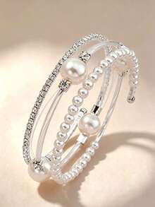 NAIZHU 1pc Children's Fashion Sweet Adjustable Faux Pearl Rhinestone Multi-Layer Bracelet, Suitable For Daily Wear, Party, Gift - Silver - View 1
