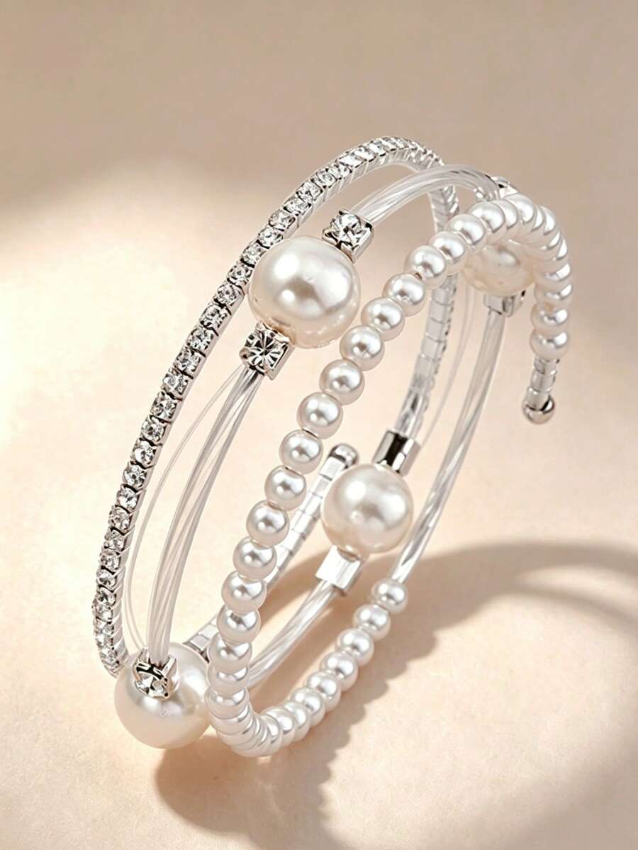 NAIZHU 1pc Children's Fashion Sweet Adjustable Faux Pearl Rhinestone Multi-Layer Bracelet, Suitable For Daily Wear, Party, Gift - Silver - View 1