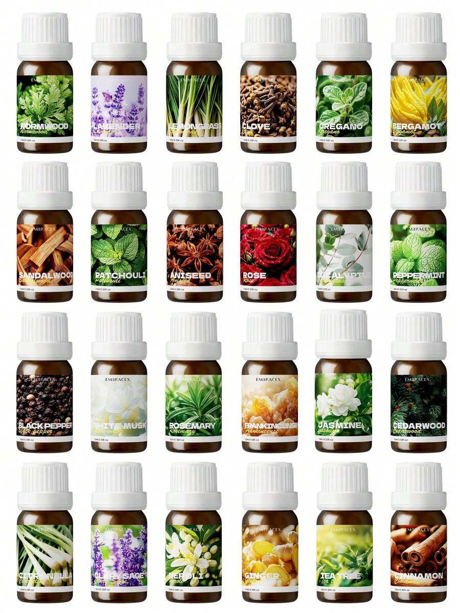 EMBRACEX. 24種植物精油 10ml 芳香精油 薄荷油 葡萄藤 芳香療法 清新空氣 節日禮物 蠟燭製作 肉桂 乳香 薄荷 檸檬草 尤加利 迷迭香 生薑 茶樹 廣藿香 雪松 白麝香 艾草 檸檬香草 黑胡椒 牛至 茴香 檀香 佛手柑 橙花 茉莉 丁香