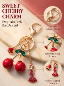 Vintage Sweet Cherry Keychain, Gold Alloy Bag Charm With Heart Lock & Lady Pendant, Cute Backpack Key Ornament, Stylish Gift For Daily Outfit - Multicolor - View 2