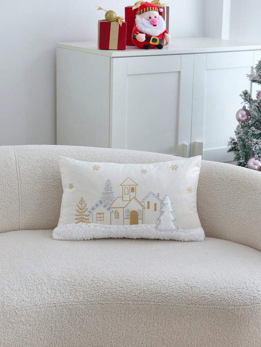 1pc Christmas Gold & Silver Christmas Tree House Embroidered Pillow Case, Suitable For Indoor Decoration, Christmas Decoration, All-Season Pillow Case, Without Insert