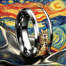 8mm Steel Color Tungsten Carbide Beveled Edge Ring, Printed With Scream Style Cat Parody Pattern, Playful Artistic Personalized Ring, Comfortable Fit Unisex Jewelry, Suitable As Gift For Cat Lovers - Silver - View 2