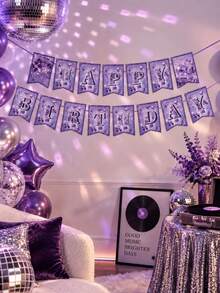 1 Set Happy Birthday Triangle Flag Banner, Purple Disco Retro Music ...
