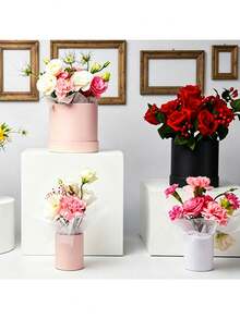 2pcs White Round Flower Box, Fresh Flower Packaging Small Gift Box, Valentine's Day Fresh Flower Packaging Small Flower Bucket, Handheld Flower Bucket Mini Hug Bucket - Multicolor - View 7