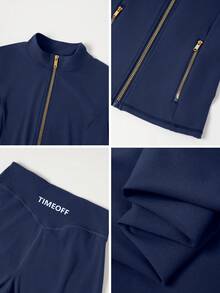 TimeOff Women's One Set Autumn/Winter Solid Color Stand Collar Zipper Pocket Cuff Thumb Hole Jacket And Straight Leg Pants Sports Suit - Navy Blue - View 4