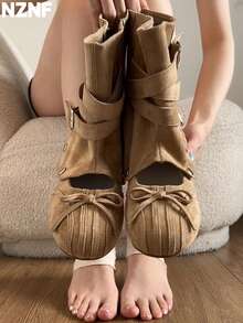 NZNF Thick Sole Removable Height-Increasing 2-Way Wear Ballet Boots Women 2026 French Sweet Bow Slimming Slouch Boots - Apricot - View 3
