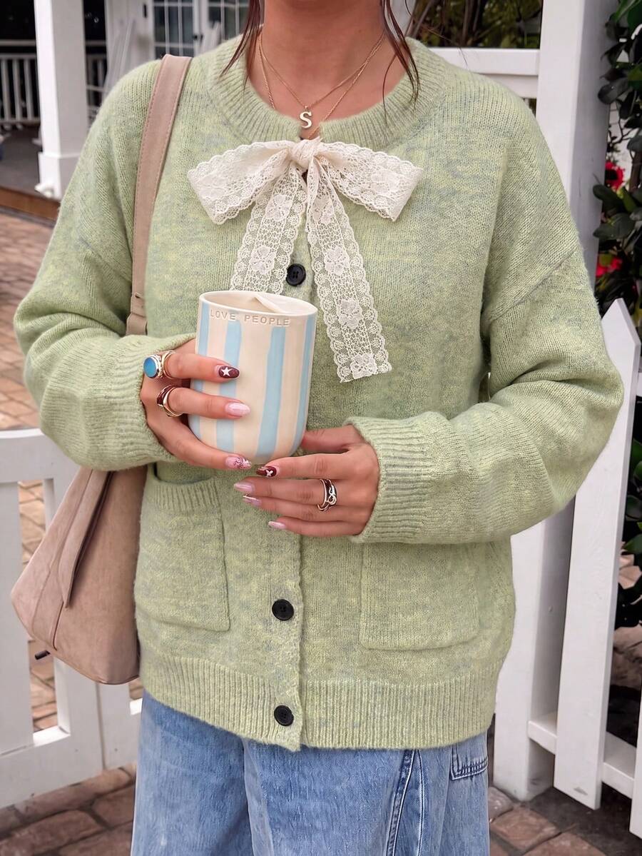 Women's Sweet Style Lace Bow Knitted Cardigan, Fashion Button Sweater Jacket, Suitable For Autumn/Winter Halloween Thanksgiving Christmas - Green - View 1