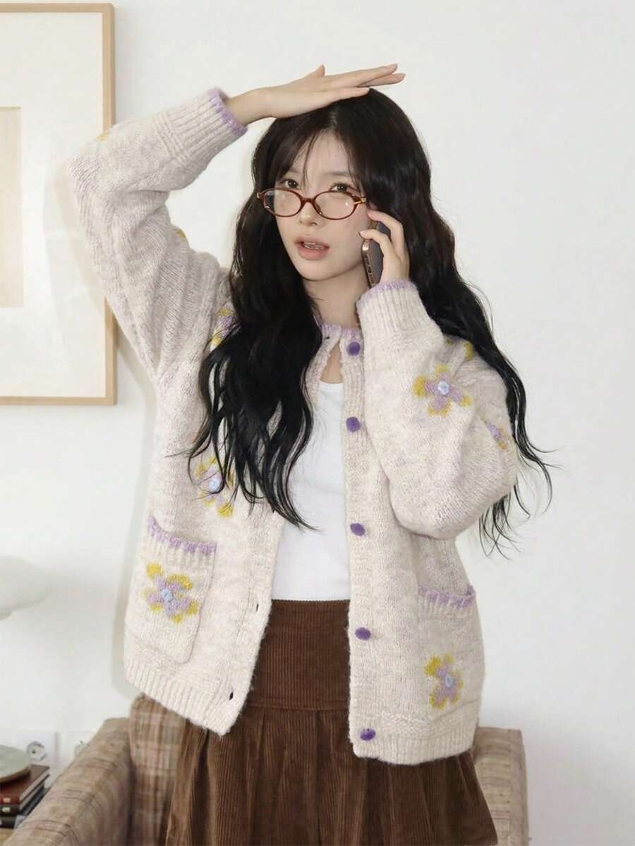 Cardigan Sweater Bordir Bunga Rajutan 3D, Leher Bulat, Kancing Depan, Trim Bergaris, Lengan Panjang, Beige, Pakaian Rajut Musim Gugur Elegan untuk Lapisan Kasual - Aprikot - View 1