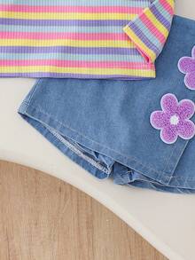 2pcs Baby Girl Cute Dopamine Style Colorful Striped Polo Collar Long Sleeve Top With Floral Applique Denim Skort Set, Spring/Autumn - Purple - View 7