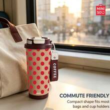MINISO Water Cup, Coffee Cup, Simple And Elegant, 530ML Red Polka Dot Pattern Coffee Cup, With Straw, New Autumnwinter Insulated Model; Valentine's Day Gift. - Coffee Brown - View 5