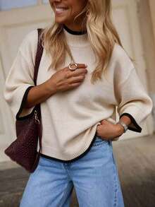 SEREN Women's Autumn/Winter High Neck Knit Sweater, Loose Casual 3/4 Sleeve Pullover, Suitable For Outdoor Wear - White Apricot - View 1