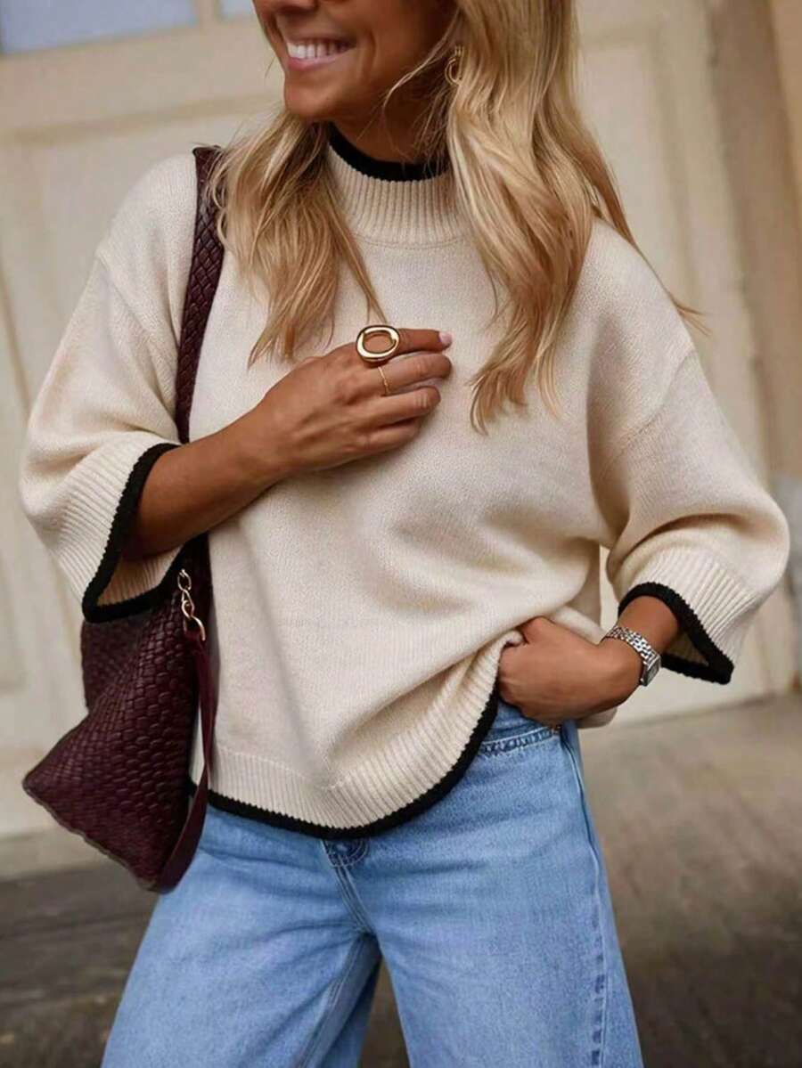 SEREN Women's Autumn/Winter High Neck Knit Sweater, Loose Casual 3/4 Sleeve Pullover, Suitable For Outdoor Wear - White Apricot - View 1