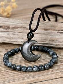 2pcs Silver Moon Pendant Set Halloween Party Accessories Vintage Natural Stone Jewelry - Multicolor - View 6