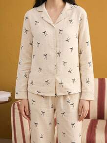 Joivida 2pcs Women Loose Comfortable Breathable Long Sleeve Top And Long Pants Pajama Set - Beige - View 6