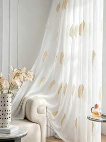 1PC Rod Pocket Gold & White Leaf Embroidered Sheer Curtain, Luxury Leaf Pattern, Soft Light Diffusing White Floor-Length Sheer Curtain For Cozy Wooden Kids Room - Multicolor - View 9